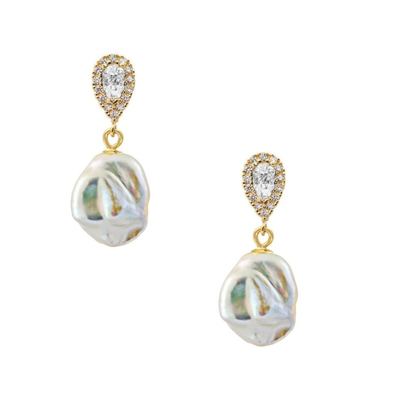 Σκουλαρίκια Κ14 χρυσά με μαργαριτάρι και ζιργκόν - F125000M